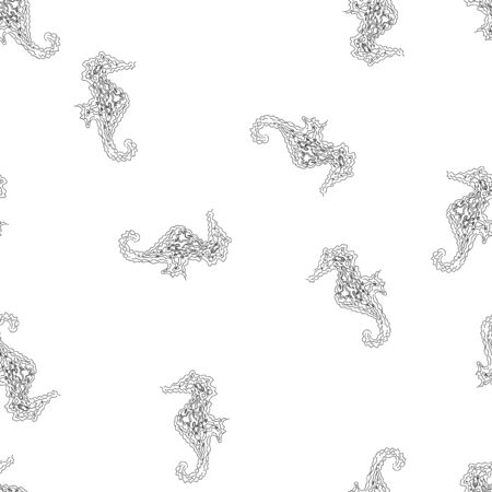 Seamless pattern of seahorses isolated on white background. Hand drawn seamless illustration. Outline.のイラスト素材