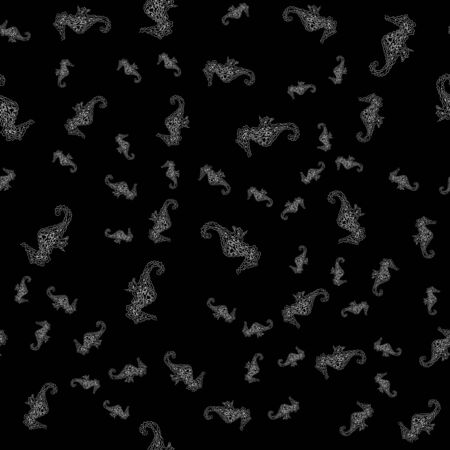 Seamless pattern of seahorses isolated on black background. Hand drawn seamless illustration. Outline.のイラスト素材
