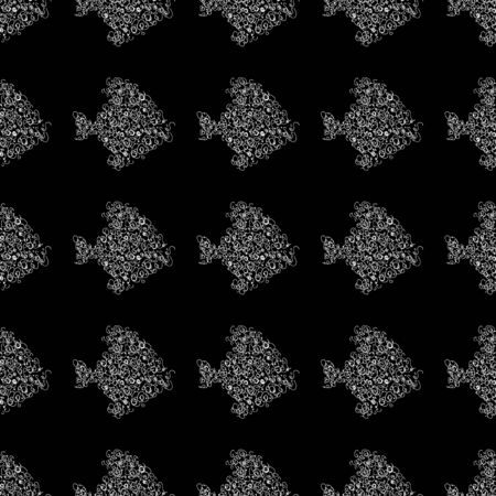 Seamless pattern of abstract sea fish isolated on black background. Hand drawn seamless illustration. Outline.のイラスト素材