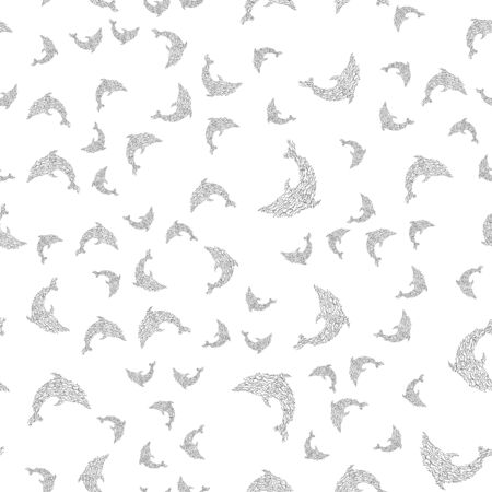 Seamless pattern of dolphins isolated on white background. Hand drawn seamless illustration. Outline.のイラスト素材