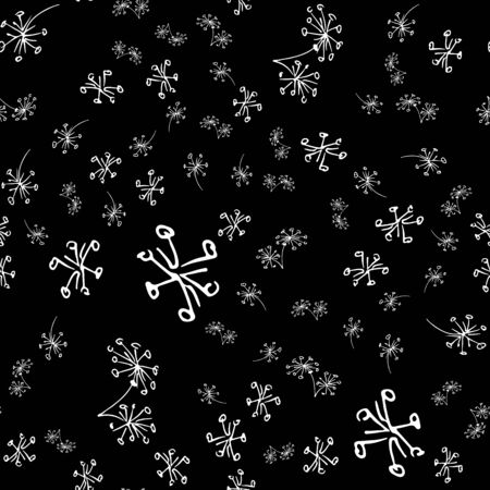 Seamless hand drawn pattern of abstract dandelion flowers isolated on black background. Vector floral illustration. Seamless doodle modern isolated pop art elements. Outline.のイラスト素材