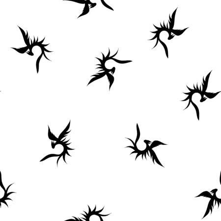 Seamless pattern of hand drawn vector dragon isolated on white background. Fantastic dragon icon. Freehand seamless silhouette of mythology aminal. Fantasy outline illustration.のイラスト素材