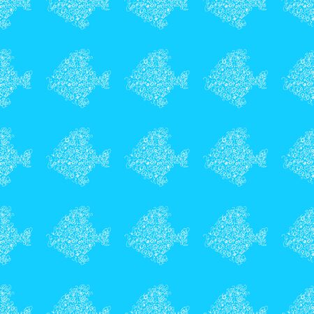 Seamless pattern of abstract sea fish isolated on blue background. Hand drawn seamless illustration. Outline.のイラスト素材