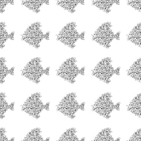Seamless pattern of abstract sea fish isolated on white background. Hand drawn seamless illustration. Outline.のイラスト素材
