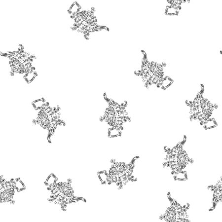 Seamless retro hand drawn teapots, great design for any purposes. Seamless pattern. Teapot hand drawn a pattern in Chinese style on white background. Retro typography. Kettle icon. Isolated vector.のイラスト素材