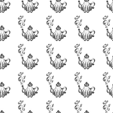 Seamless retro hand drawn teapots, great design for any purposes. Seamless pattern. Teapot hand drawn a pattern in Chinese style on white background. Retro typography. Kettle icon. Isolated vector.のイラスト素材
