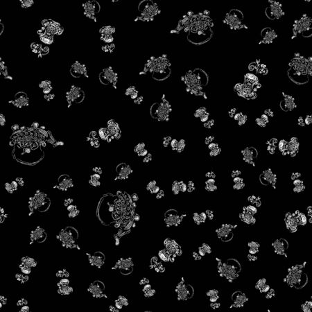 Seamless pattern of teapots and teacups isolated on black background. Chinese seamless pattern of teapots and teacups collection for textile design.のイラスト素材