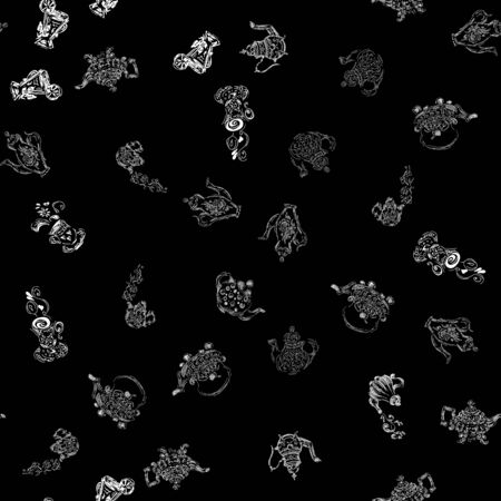 Seamless pattern set of teapots and teacups isolated on black background. Seamless pattern of teapots and teacups collection for textile design. Vector outline setのイラスト素材