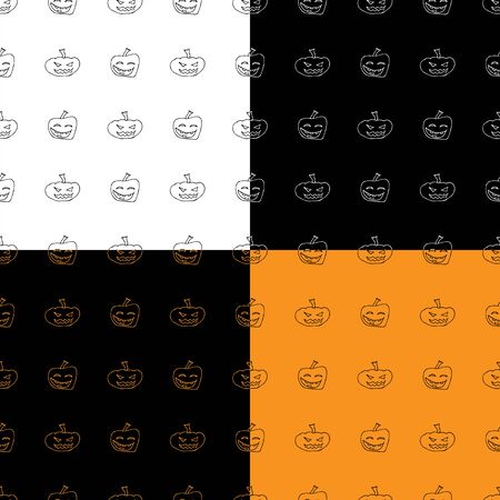 Set of four seamless patterns. Halloween pumpkin. Halloween pumpkin seamless outline in a hand-drawn style. October harvest background. Vector freehand set. Vector collection.のイラスト素材