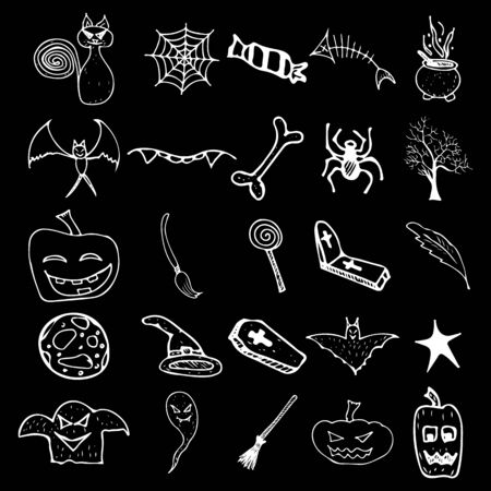 Halloween doodle set isolated on black background. Cartoon set with black Halloween doodle elements. Outline symbol collection. Hand drawn sketch magician collection.のイラスト素材