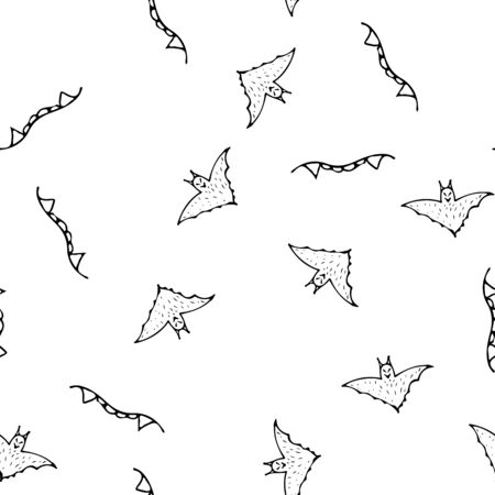 Bat and teeth seamless Halloween outline in the abstract style. Black bat and teeth seamless Halloween outline on white background. Holiday decoration. Line vector. Doodle wallpaper. Wildlife setのイラスト素材