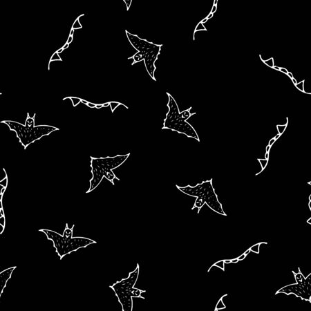 Bat and teeth seamless Halloween outline in the abstract style. Black bat and teeth seamless Halloween outline on black background. Holiday decoration. Line vector. Doodle wallpaper. Wildlife set.のイラスト素材