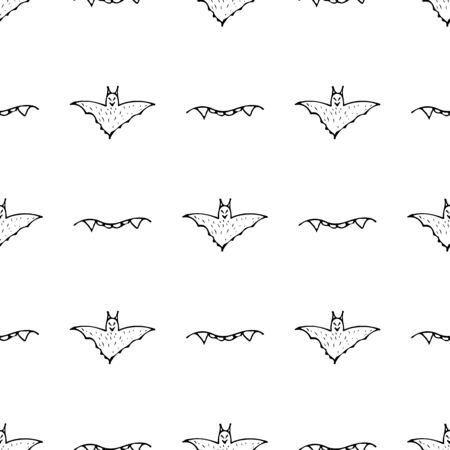 Bat and teeth seamless Halloween outline in the abstract style. Black bat and teeth seamless Halloween outline on white background. Holiday decoration. Line vector. Doodle wallpaper. Wildlife setのイラスト素材