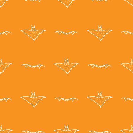 Bat and teeth seamless Halloween outline in the abstract style. Black bat and teeth seamless Halloween outline on orange background. Holiday decoration. Line vector. Doodle wallpaper. Wildlife set.のイラスト素材