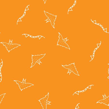 Bat and teeth seamless Halloween outline in the abstract style. Black bat and teeth seamless Halloween outline on orange background. Holiday decoration. Line vector. Doodle wallpaper. Wildlife set.のイラスト素材