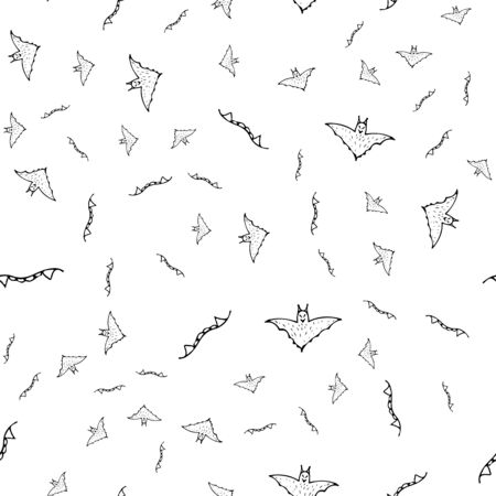 Bat and teeth seamless Halloween outline in the abstract style. Black bat and teeth seamless Halloween outline on white background. Holiday decoration. Line vector. Doodle wallpaper. Wildlife setのイラスト素材