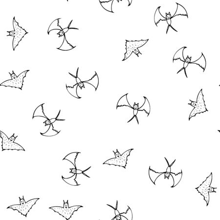 Bat seamless Halloween outline in the abstract style. Black bat seamless Halloween outline on white background. Holiday decoration. Line vector. Doodle wallpaper. Wildlife set.のイラスト素材