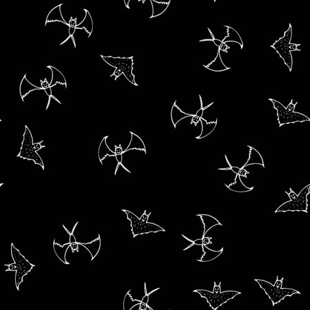Bat seamless Halloween outline in the abstract style. Black bat seamless Halloween outline on white background. Holiday decoration. Line vector. Doodle wallpaper. Wildlife set.のイラスト素材