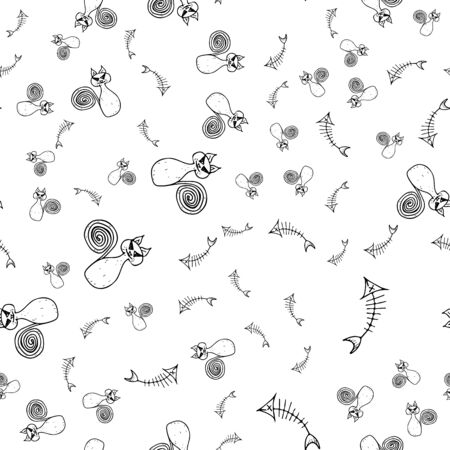 Seamless cat and fishbone Halloween outline, great design for any purposes. Line art design template with black seamless cat and fishbone Halloween outline on white background.のイラスト素材