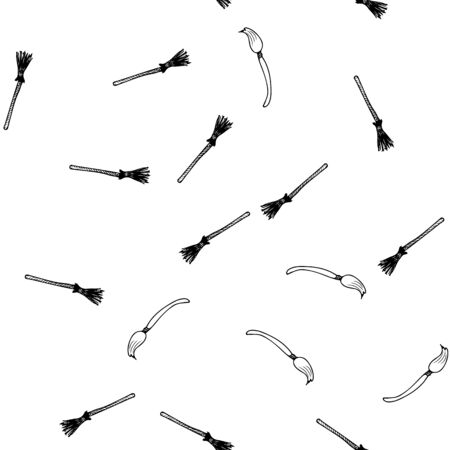 Sketch Halloween brooms seamless outline. Halloween brooms seamless outline in a hand-drawn style. October harvest background. Vector freehand set. Vector illustration.のイラスト素材