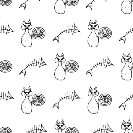 Seamless cat and fishbone Halloween outline, great design for any purposes. Line art design template with black seamless cat and fishbone Halloween outline on white background.のイラスト素材