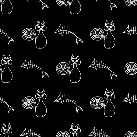 Seamless cat and fishbone Halloween outline, great design for any purposes. Line art design template with white seamless cat and fishbone Halloween outline on black background.のイラスト素材