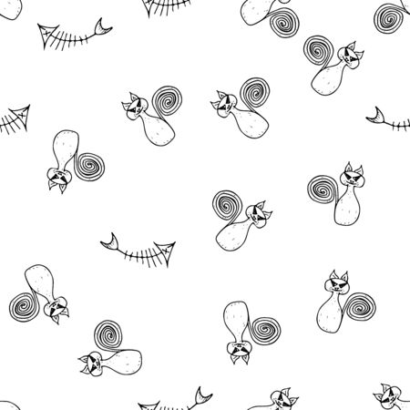 Seamless cat and fishbone Halloween outline, great design for any purposes. Line art design template with black seamless cat and fishbone Halloween outline on white background.のイラスト素材