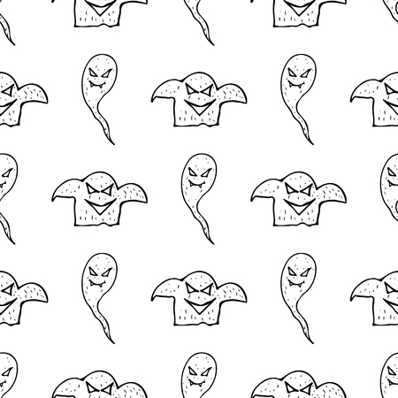 Sketch Halloween ghost seamless outline. Halloween ghost seamless outline in a hand-drawn style. October harvest background. Vector freehand set. Vector illustration.のイラスト素材