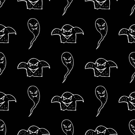 Sketch Halloween ghost seamless outline. Halloween ghost seamless outline in a hand-drawn style. October harvest background. Vector freehand set. Vector illustration.のイラスト素材