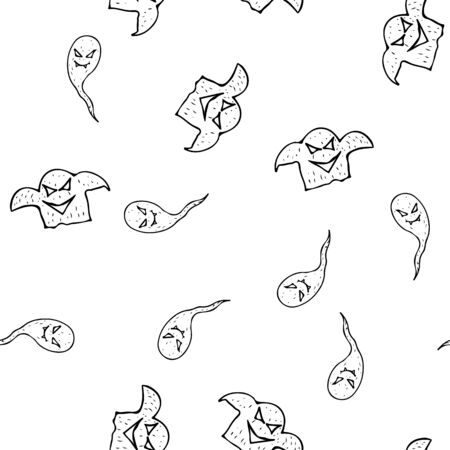 Sketch Halloween ghost seamless outline. Halloween ghost seamless outline in a hand-drawn style. October harvest background. Vector freehand set. Vector illustration.のイラスト素材