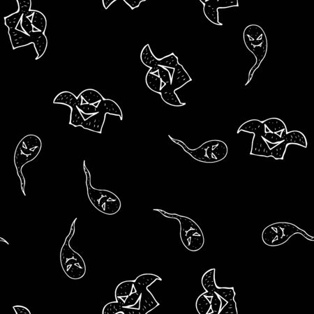 Sketch Halloween ghost seamless outline. Halloween ghost seamless outline in a hand-drawn style. October harvest background. Vector freehand set. Vector illustration.のイラスト素材