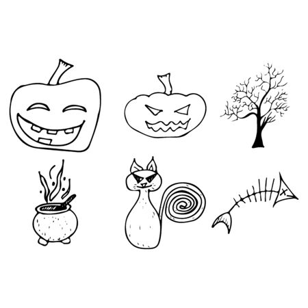 Halloween doodle set isolated on white background. Cartoon set with black Halloween doodle elements. Outline symbol collection. Hand drawn sketch magician collection.の写真素材