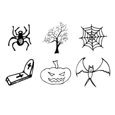 Halloween doodle set isolated on white background. Cartoon set with black Halloween doodle elements. Outline symbol collection. Hand drawn sketch magician collection.の写真素材