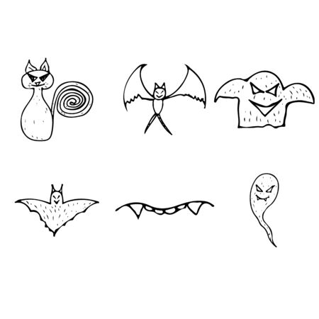Halloween doodle set isolated on white background. Cartoon set with black Halloween doodle elements. Outline symbol collection. Hand drawn sketch magician collection.の写真素材