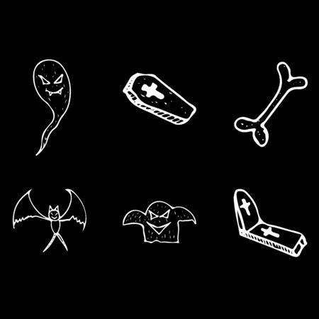 Halloween doodle set isolated on white background. Cartoon set with black Halloween doodle elements. Outline symbol collection. Hand drawn sketch magician collection.の写真素材
