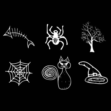 Halloween doodle set isolated on black background. Cartoon set with black Halloween doodle elements. Outline symbol collection. Hand drawn sketch magician collection.の写真素材