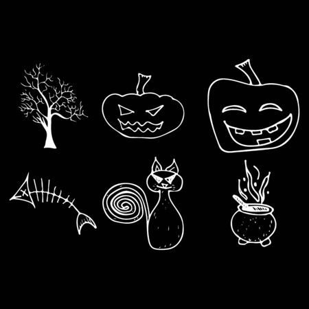 Halloween doodle set isolated on black background. Cartoon set with black Halloween doodle elements. Outline symbol collection. Hand drawn sketch magician collection.の写真素材