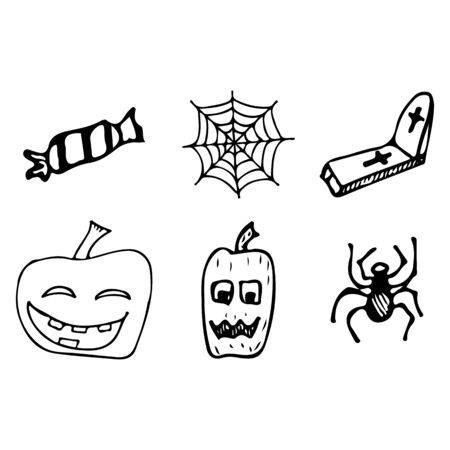 Halloween doodle set isolated on white background. Cartoon set with black Halloween doodle elements. Outline symbol collection. Hand drawn sketch magician collection.の写真素材