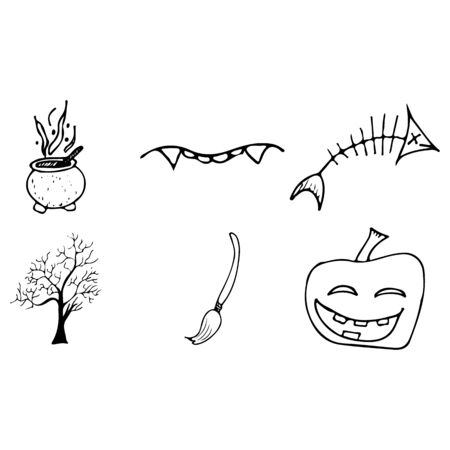 Halloween doodle set isolated on white background. Cartoon set with black Halloween doodle elements. Outline symbol collection. Hand drawn sketch magician collection.の写真素材