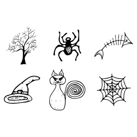 Halloween doodle set isolated on white background. Cartoon set with black Halloween doodle elements. Outline symbol collection. Hand drawn sketch magician collection.の写真素材