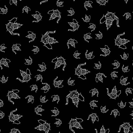Seamless retro hand drawn teapots, great design for any purposes. Seamless pattern. Teapot hand drawn a pattern in Chinese style on black background. Retro typography. Kettle icon.の写真素材