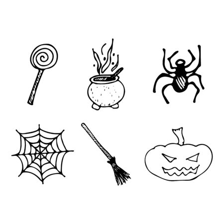 Halloween doodle set isolated on white background. Cartoon set with black Halloween doodle elements. Outline symbol collection. Hand drawn sketch magician collection.の写真素材