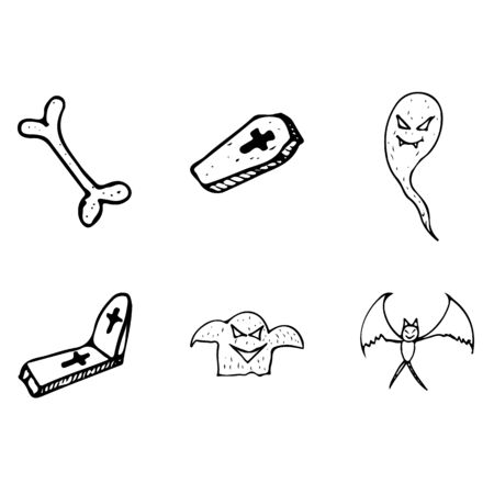 Halloween doodle set isolated on white background. Cartoon set with black Halloween doodle elements. Outline symbol collection. Hand drawn sketch magician collection.の写真素材