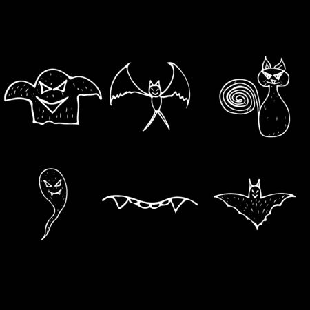 Halloween doodle set isolated on black background. Cartoon set with black Halloween doodle elements. Outline symbol collection. Hand drawn sketch magician collection.の写真素材