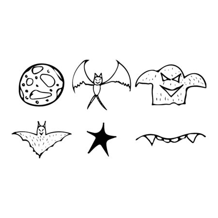 Halloween doodle set isolated on white background. Cartoon set with black Halloween doodle elements. Outline symbol collection. Hand drawn sketch magician collection.の写真素材