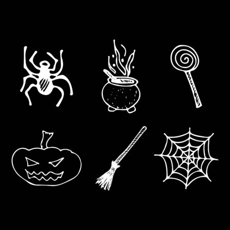 Halloween doodle set isolated on black background. Cartoon set with black Halloween doodle elements. Outline symbol collection. Hand drawn sketch magician collection.の写真素材