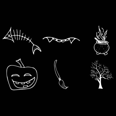 Halloween doodle set isolated on black background. Cartoon set with black Halloween doodle elements. Outline symbol collection. Hand drawn sketch magician collection.の写真素材