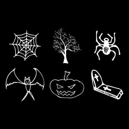 Halloween doodle set isolated on black background. Cartoon set with black Halloween doodle elements. Outline symbol collection. Hand drawn sketch magician collection.の写真素材