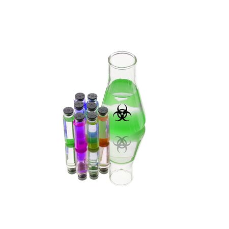 Flasks of biohazard substance isolated on white background. Poison, danger symbol. Chemical...