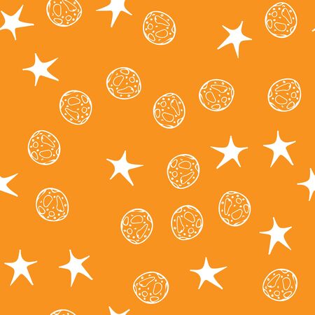 Black moon star seamless Halloween on orange background. Night stars pattern background. Baby illustration. Space travel. Astronomy galaxy illustration.のイラスト素材